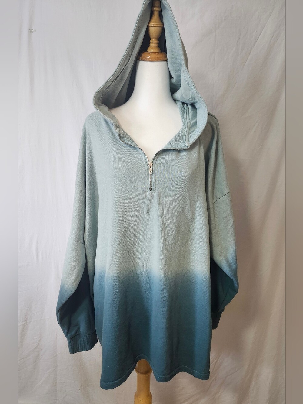 Hooded Half-Zip Dip-Dye Pullover Sweater - Light Aqua to Teal By Warehouse One